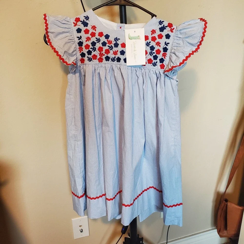 Boots & Bows Smocking Co Blue Gingham Floral Embroidered Ric Rac Dress Kids